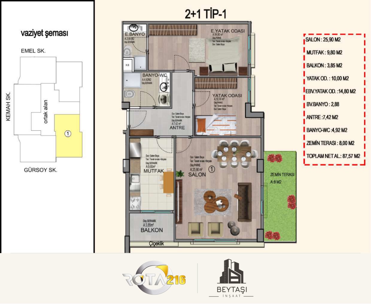 2+1 · Zemin teraslı plan 1 · 87,57 m²