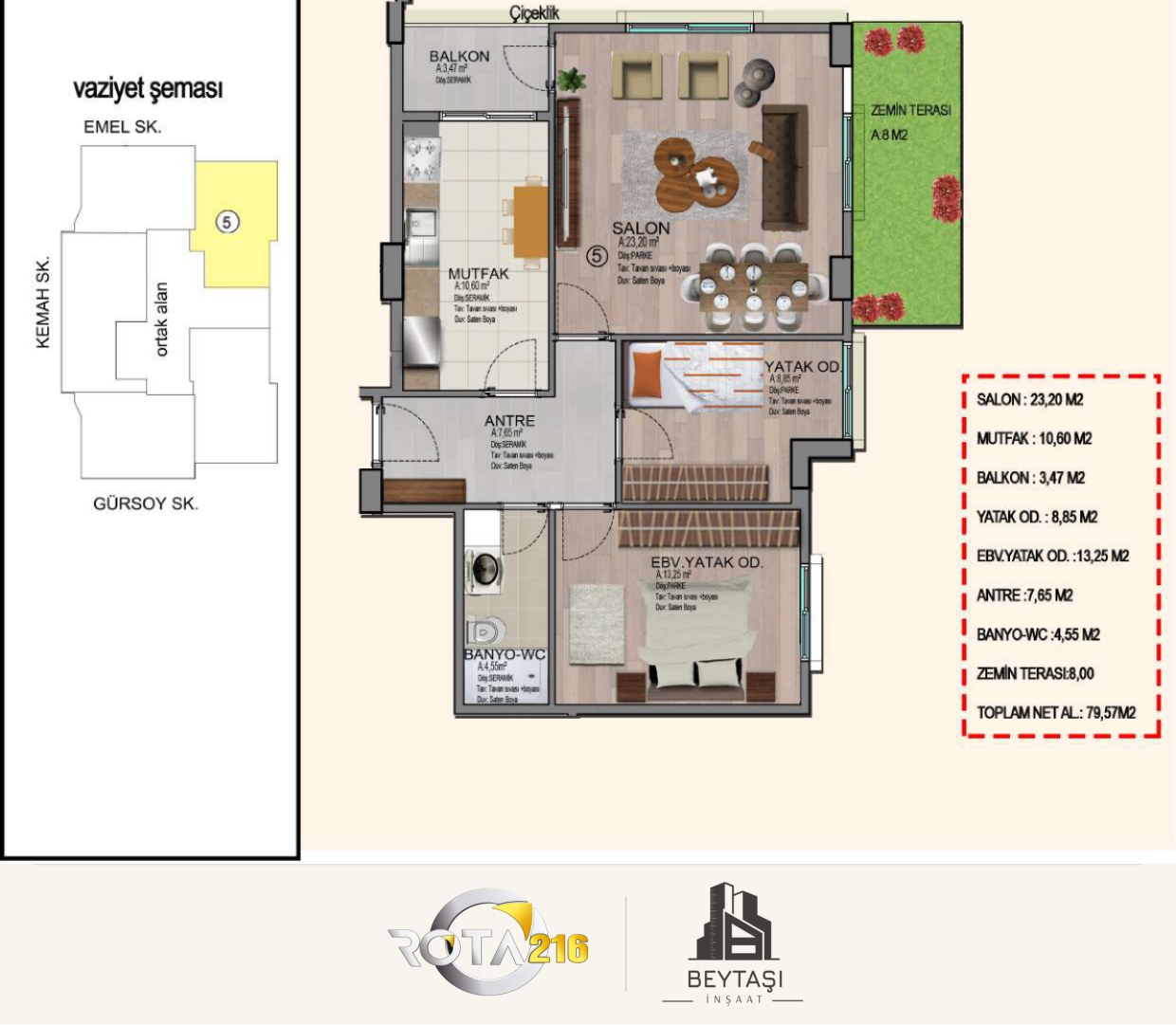 2+1 · Zemin teraslı plan 2 · 79,57 m²