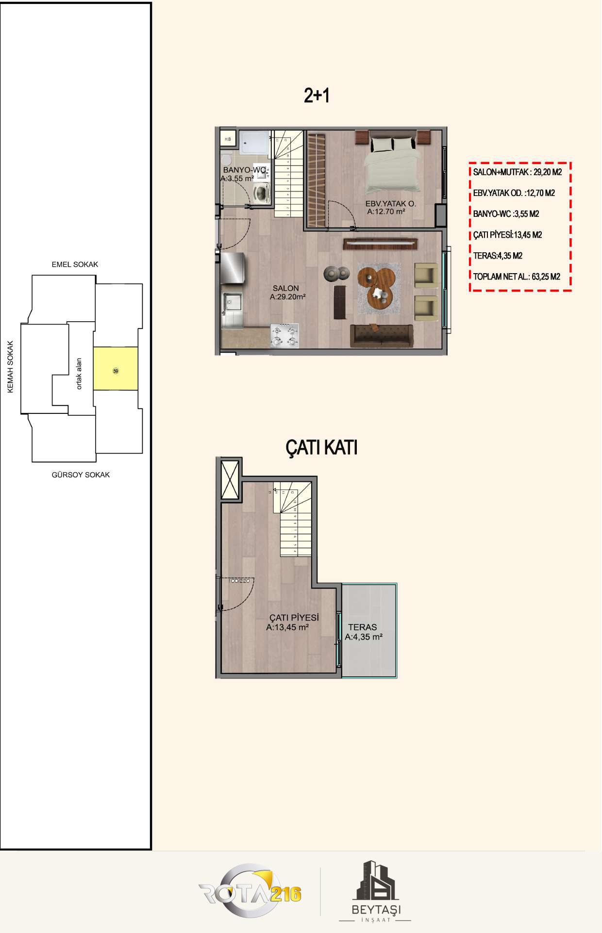 2+1 · Çatı katı bağlantılı · 63,25 m²
