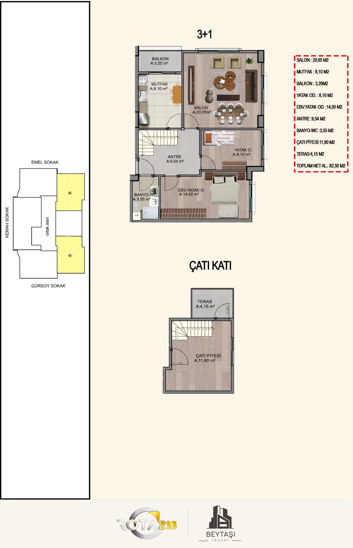 3+1 · Çatı katı bağlantılı · 82,50 m²