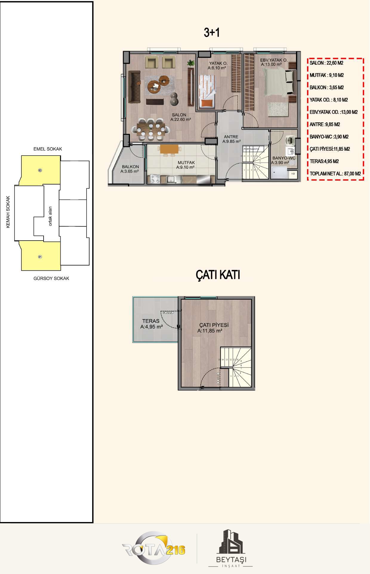 3+1 · Çatı katı bağlantılı · 87,00 m²
