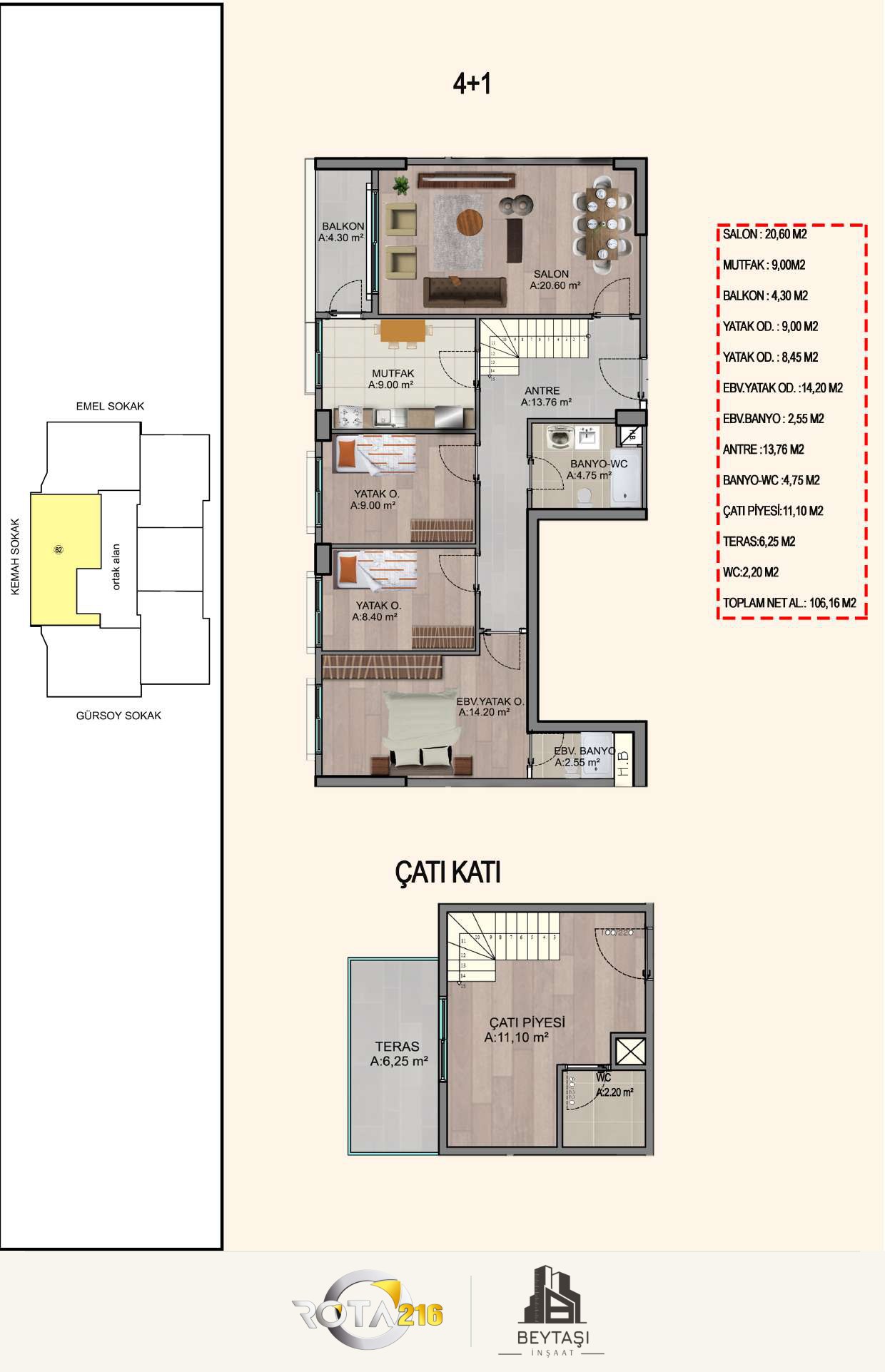 4+1 · Çatı katı bağlantılı · 106,16 m²